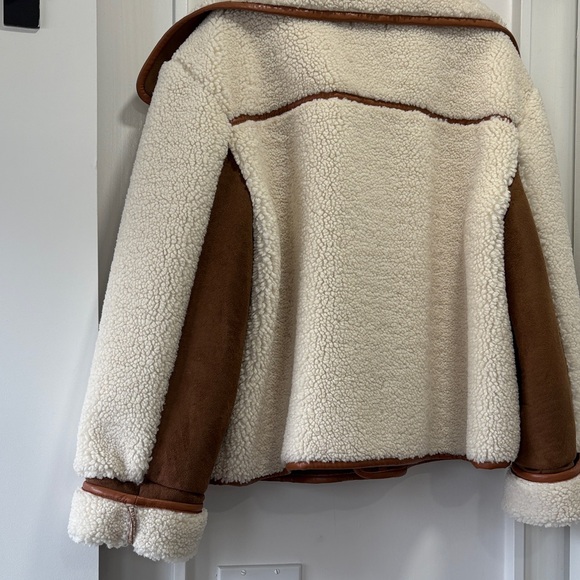 LOFT Ivory Cream Sherpa & Brown Faux Suede Moto Zip Jacket Coat Size Medium - Picture 11 of 15